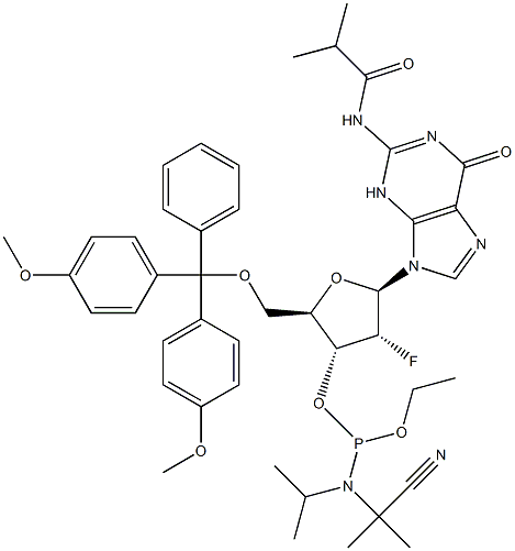 5'-O-[Bis(4-methoxyphenyl)phenylmethyl]-2'-deoxy-2'-fluoro-N-(2-methyl-1-oxopropyl)guanosine 3'-[2-cyanoethyl N,N-bis( १-मिथाइलथाइल)फोस्फोरामिडाइट]